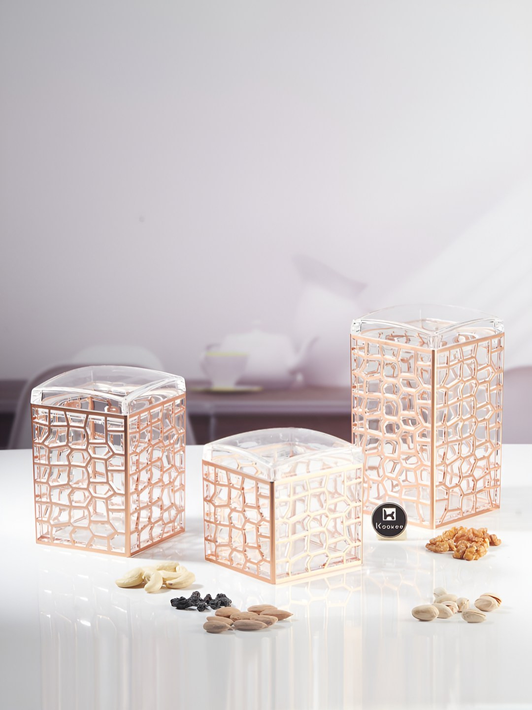 Kookee Transparent and GoldToned 3 Pieces Acrylic Easy to Clean Canister Container