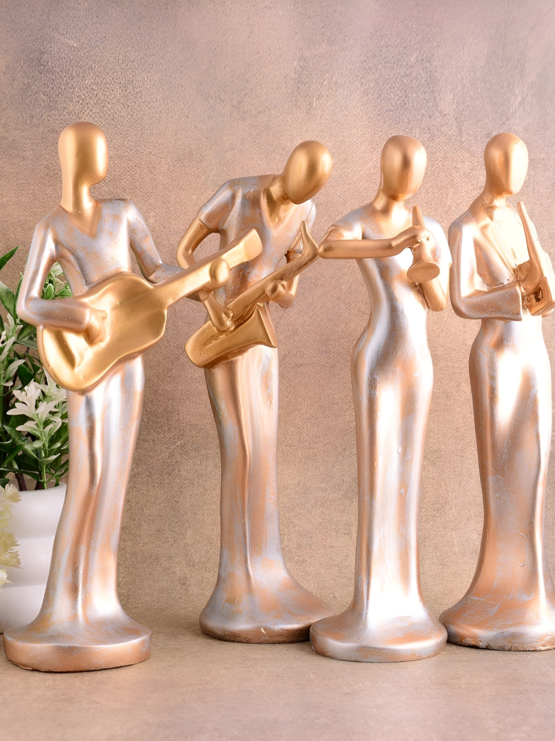 Zart Lady Hand Musical instrument Gold Polyresin Glossy Living Room Music Set of 4 Medium Showpieces - 13 Inches