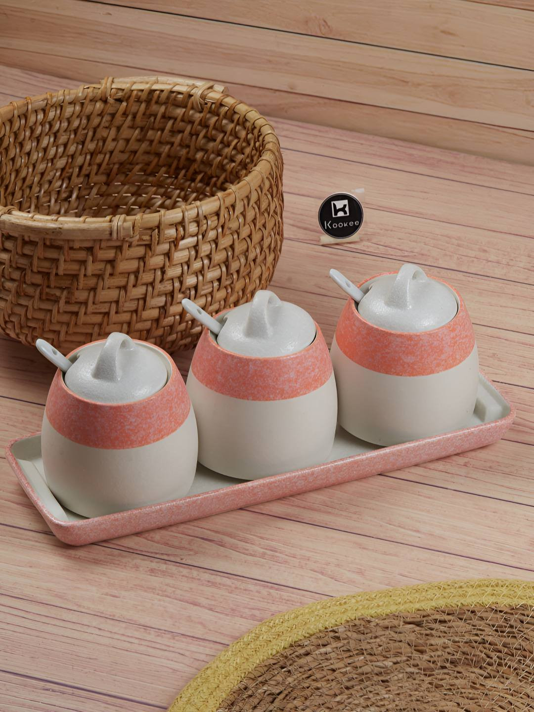 Kookee Pink and Beige 3 Pieces Ceramic Easy to Clean Canister Container 200 ml