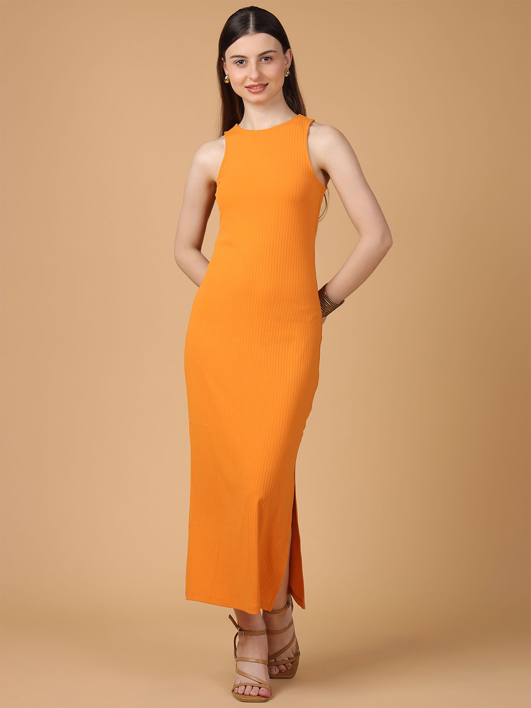 SAFFE Women's Bodycon Side Slit Solid Round Neck Sleeveless Long Dress