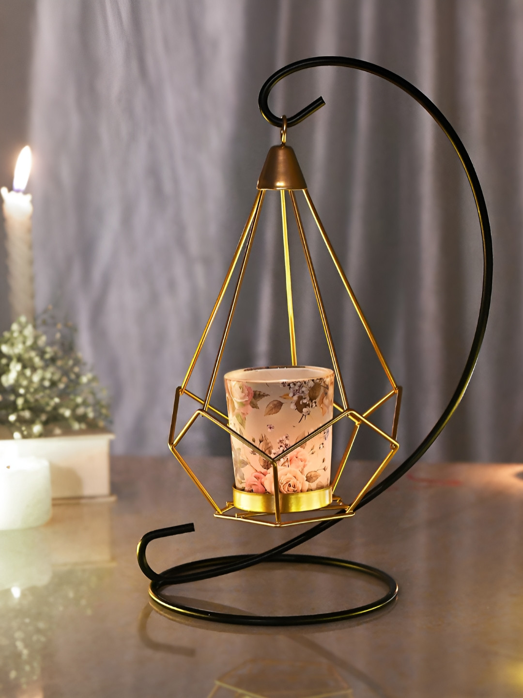 TAYHAA Black & Gold Toned Floral Printed Metal Glass Hanging Candle Holder