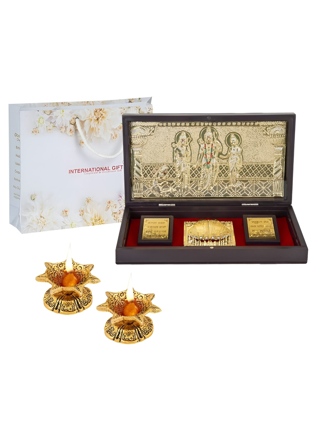 INTERNATIONAL GIFT Shree Ram Darbar Charan Paduka with Diya Gold Metal Metallic Prayer Room Set of 3 Large Showpieces - 4.3 Inches