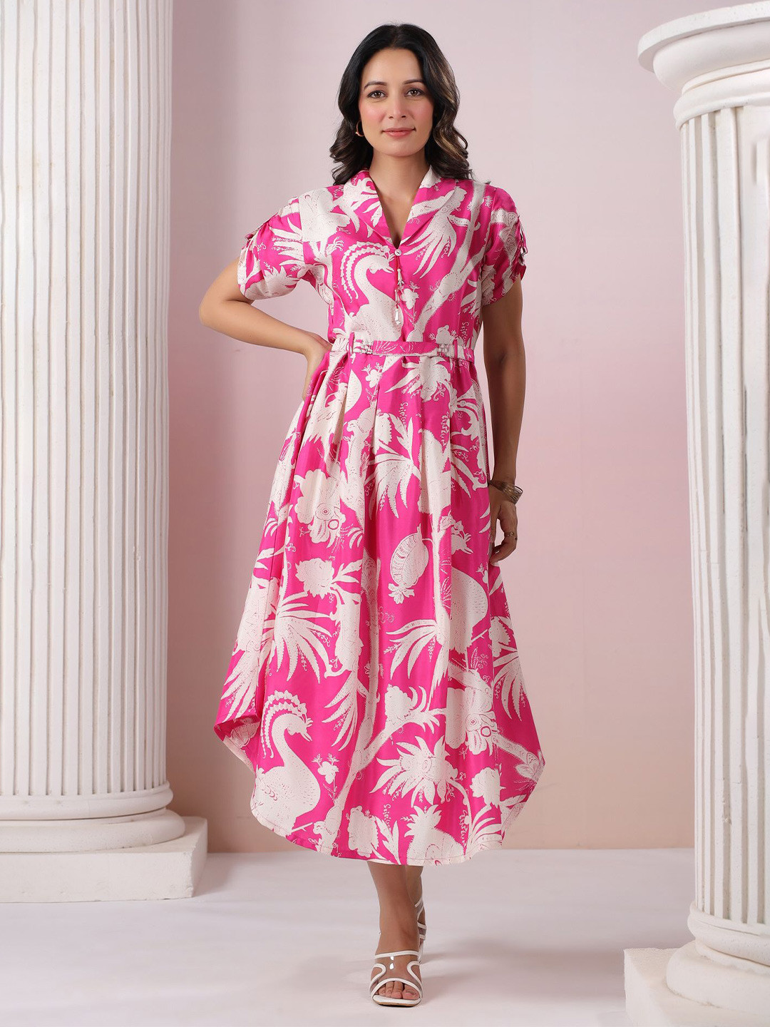 JISORA Pink Tribal Printed Silk A-Line Midi Dress