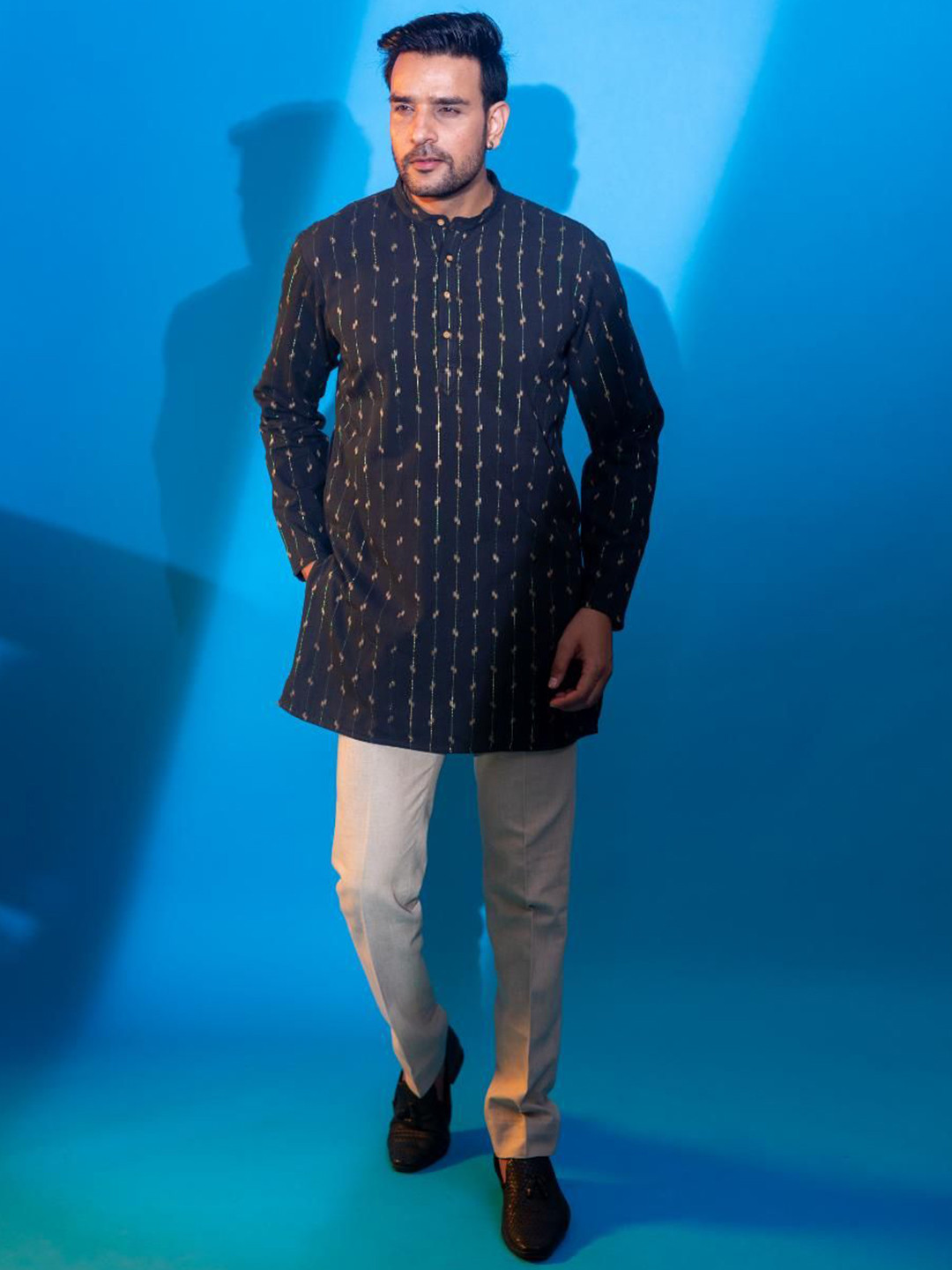 INAAYA JAIPUR  Geometric Printed Thread Work Mandarin Collar Cotton Straight Kurta
