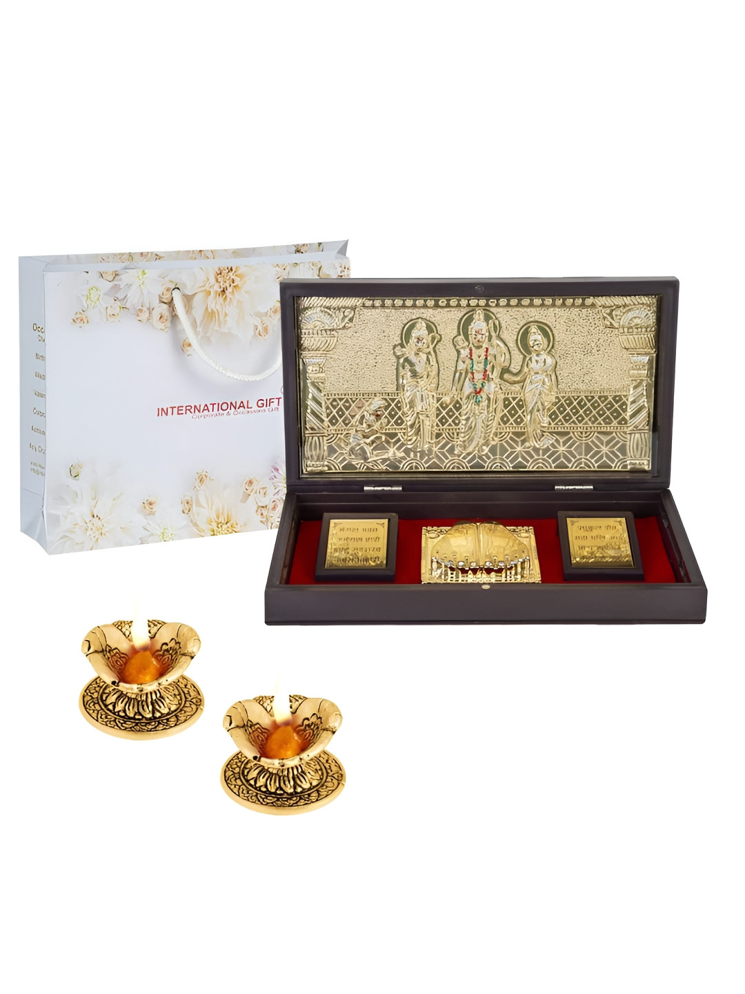 INTERNATIONAL GIFT Ram Darbar with Diya Gold Metal Metallic Prayer Room Set of 3 Large Showpieces - 4.3 Inches