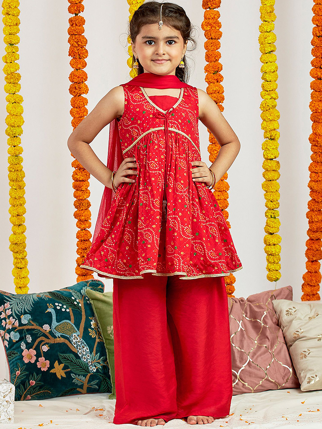 VASTRAMAY Girls Bandhani Embroidered Empire Sequinned Kurta With Palazzos & Dupatta