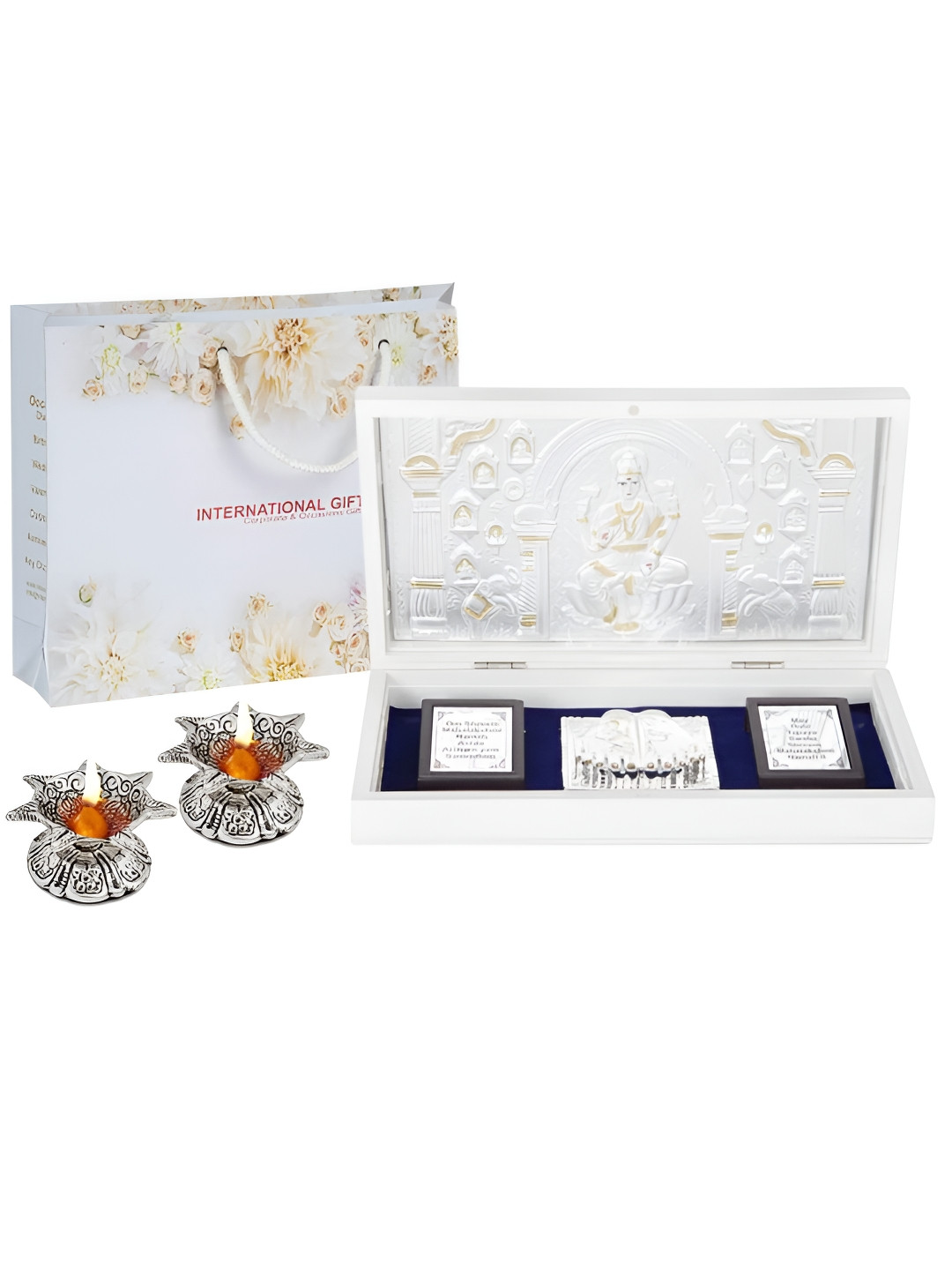 INTERNATIONAL GIFT Mata Saraswati Charan Paduka with Diya Silver Metal Metallic Prayer Room Set of 3 Large Showpieces - 4.3 Inches