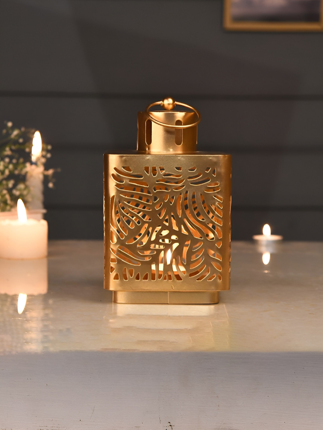 TAYHAA Gold Toned Leaf Lantern Textured Metal Candle Holder