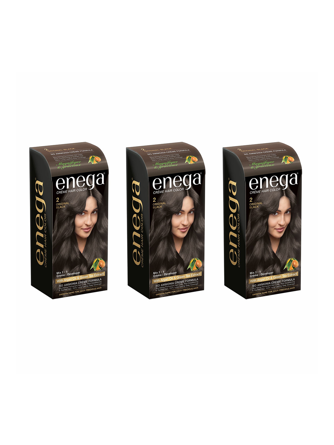 Enega Set Of 3 Long Lasting Creme Hair Color-150 ml Each Shade-Original Black