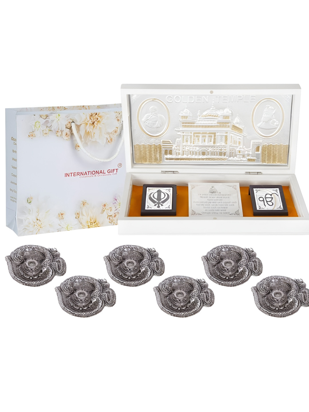 INTERNATIONAL GIFT Religious Golden Temple Message Box with 6 Diya Silver Metal Metallic Prayer Room Large Showpiece - 4.3 Inches