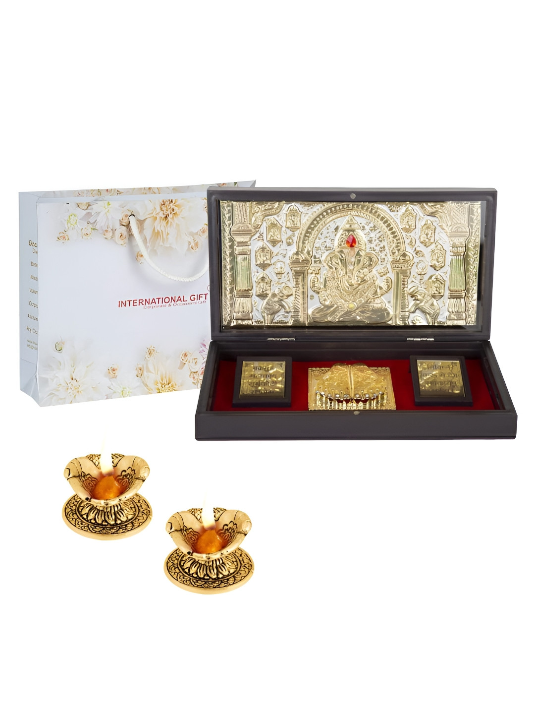 INTERNATIONAL GIFT Shree Ganesh Charan Paduka With 2 Diya Gold Metal Metallic Prayer Room Lights Set of 3 Large Showpieces - 4.3 Inches