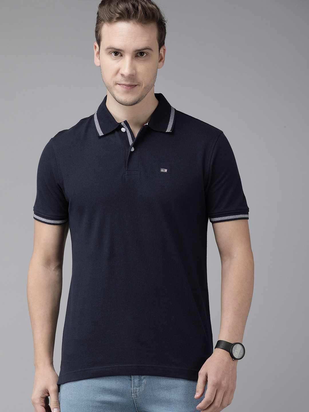 Arrow Men Navy Blue Polo Collar Pure Compact Cotton Pure Cotton T-shirt