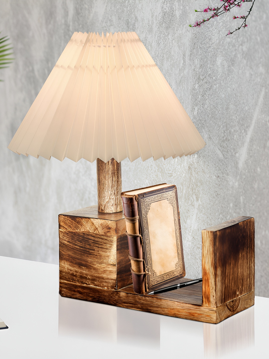 Homesake Beige Wood Industrial Frusturical Shaped Table Lamp with Bulb