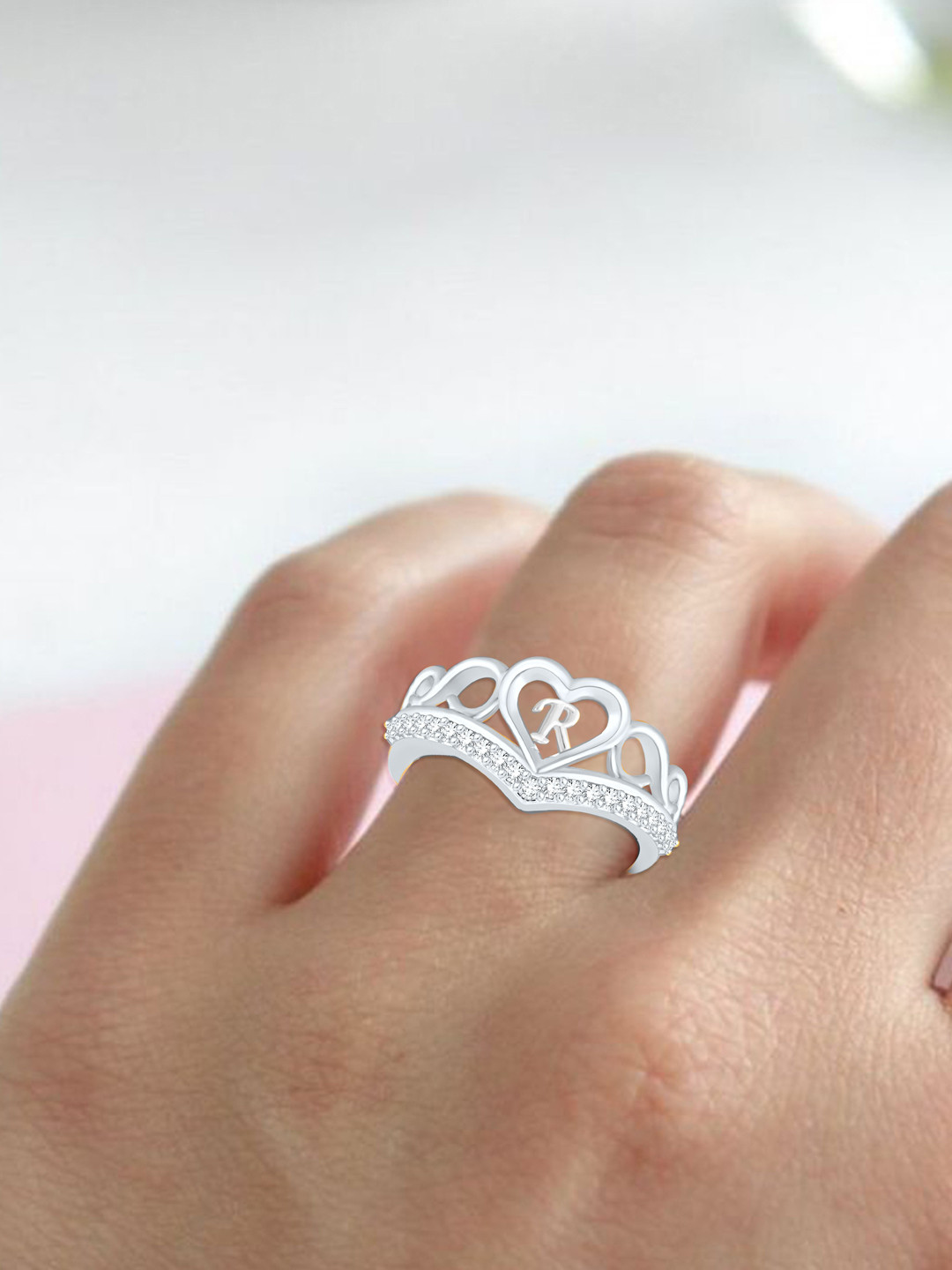 Lila Silver-Plated Heart Shaped With R Letter AD-Studded Finger Ring