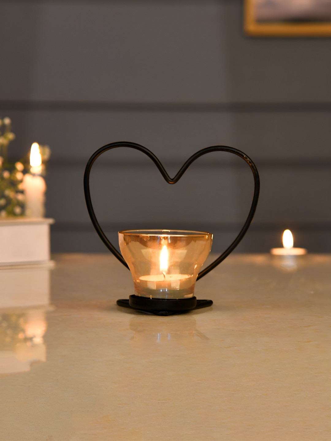 TAYHAA Gold Toned & Black Heart Textured Metal Candle Holder With Glass