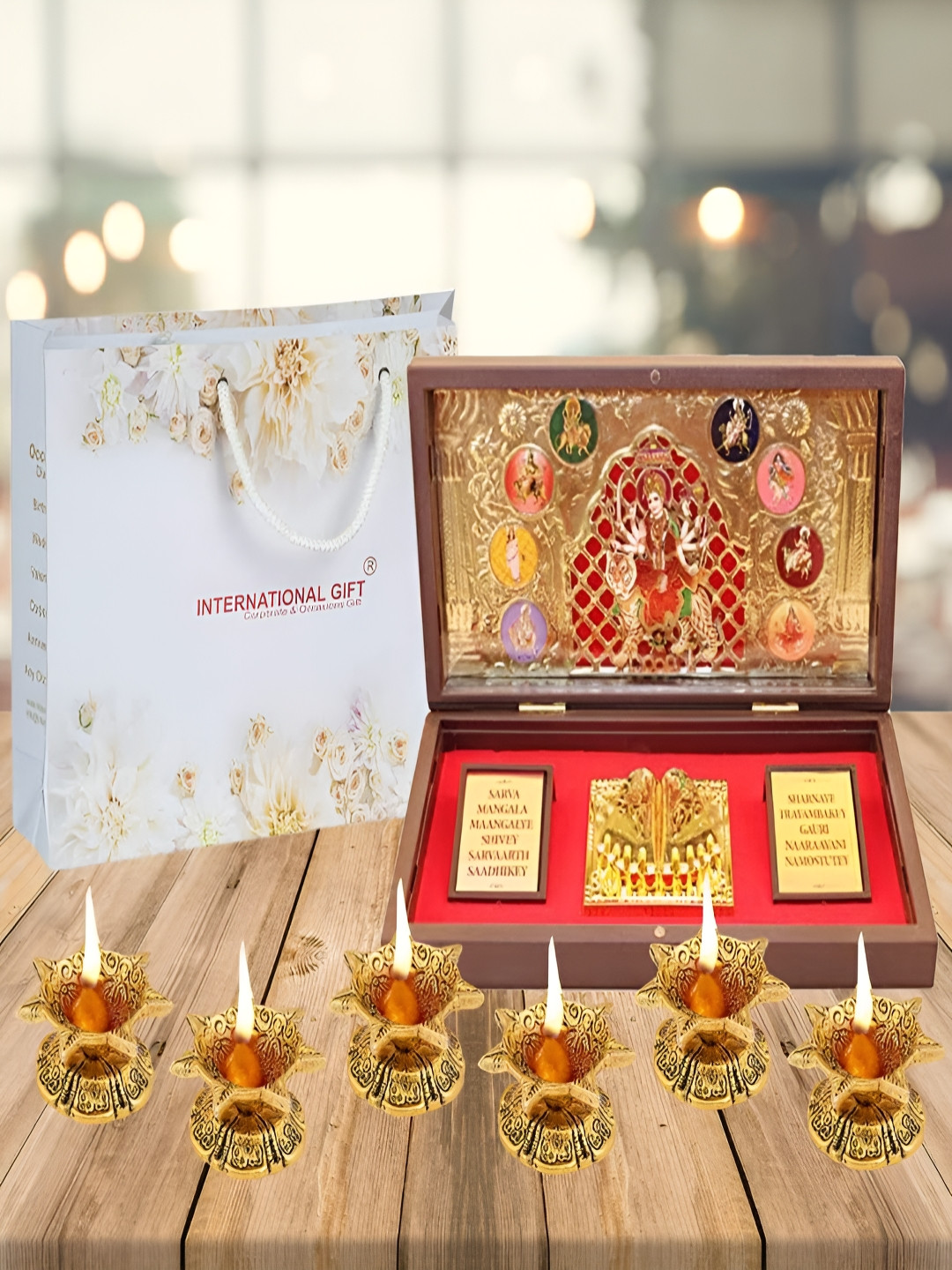 INTERNATIONAL GIFT Durga Mata Charan Paduka with 6 Diya Gold Metal Metallic Prayer Room Large Showpiece - 4.3 Inches