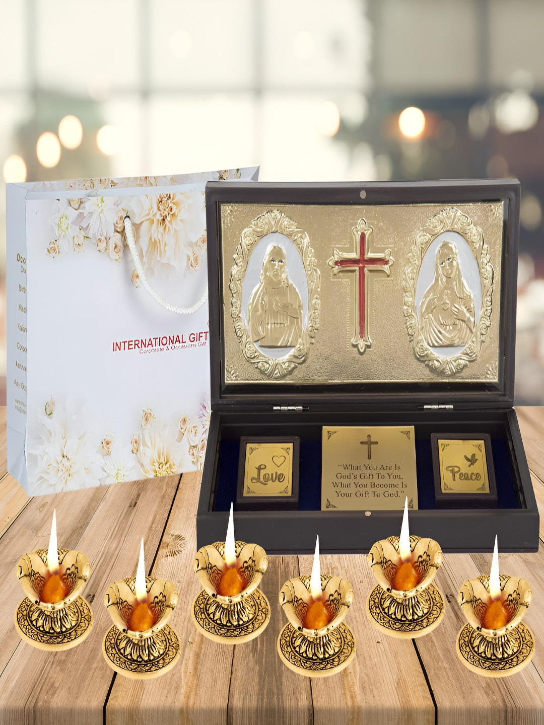 INTERNATIONAL GIFT Religious Jesus Message Box with 6 Diya Gold Metal Metallic Prayer Room Large Showpiece - 4.3 Inches
