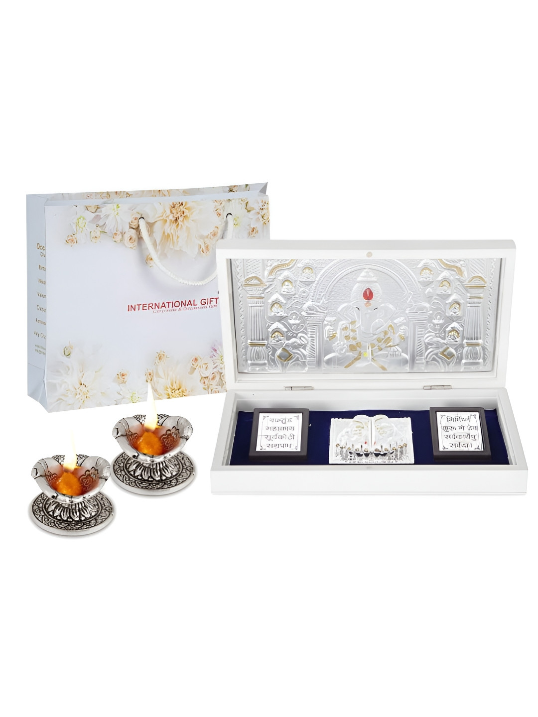 INTERNATIONAL GIFT Shree Ganesh Charan Paduka Silver Metal Metallic Prayer Room Set of 3 Large Showpieces - 4.3 Inches