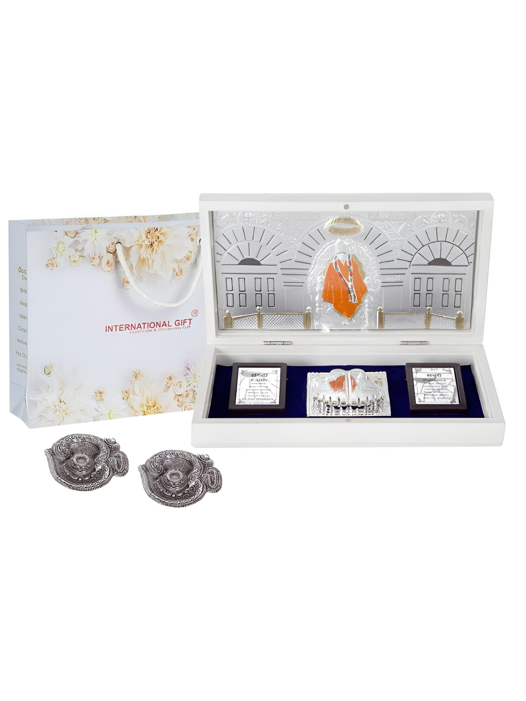 INTERNATIONAL GIFT Sai Baba Charan Paduka with Diya Silver Metal Metallic Prayer Room Set of 3 Large Showpieces - 4.3 Inches