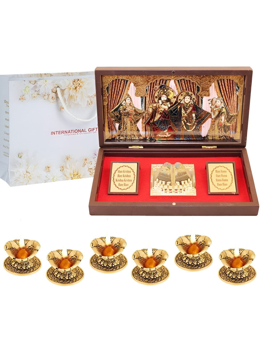 INTERNATIONAL GIFT Radha Krishna Charan Paduka with 6 Diya Gold Metal Metallic Prayer Room Large Showpiece - 4.3 Inches