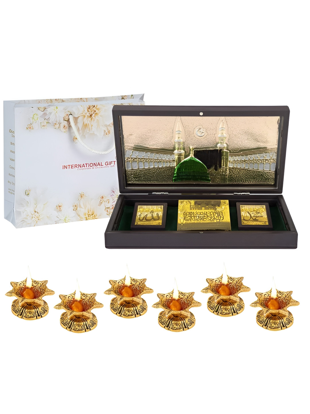 INTERNATIONAL GIFT Holy Mecca Madina Message Box with 6 Diya Gold Metal Metallic Prayer Room Large Showpiece - 4.3 Inches