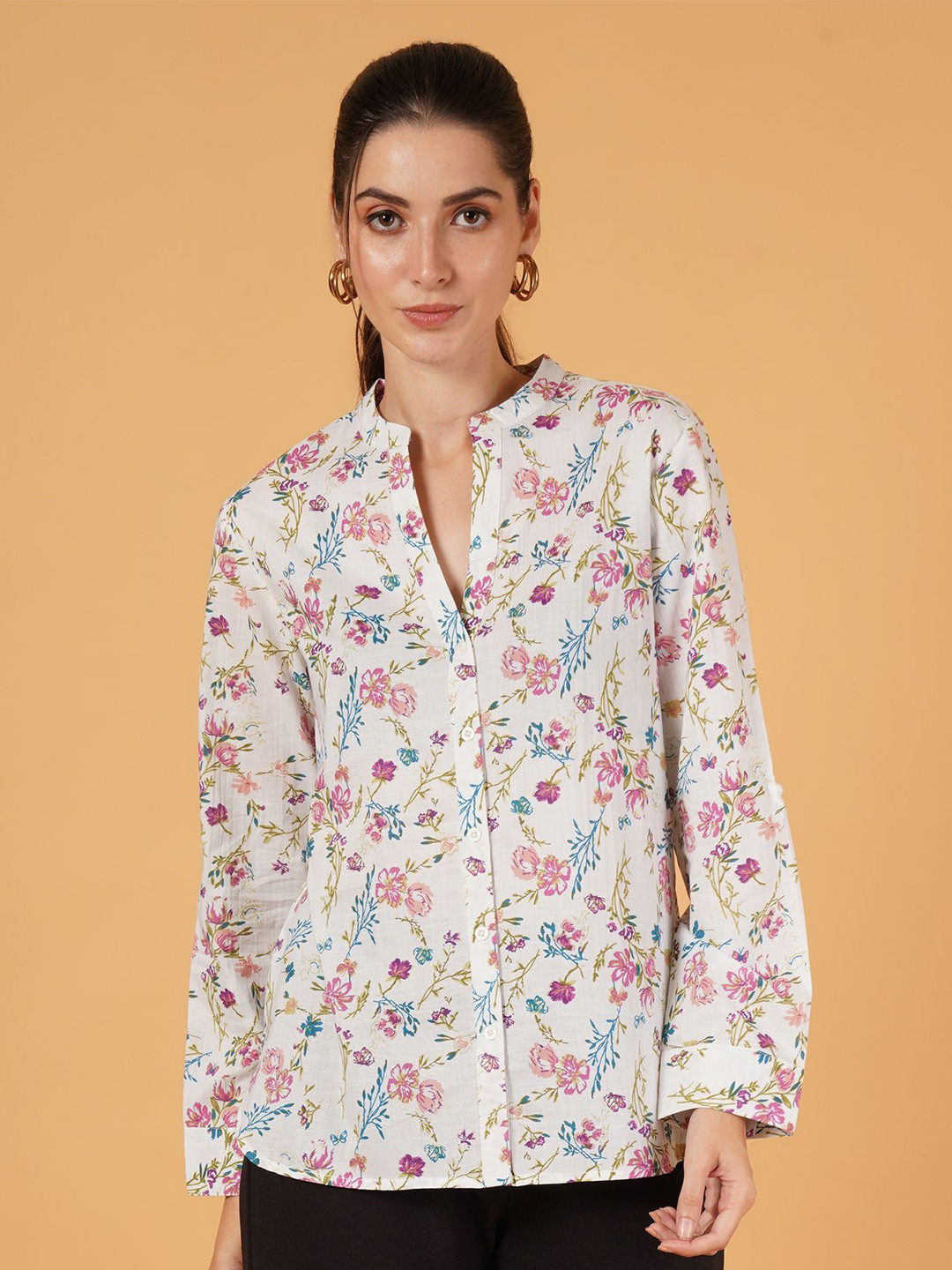 IX IMPRESSION Women Solid Button Down Mandarin Collar Oversized Cotton Top