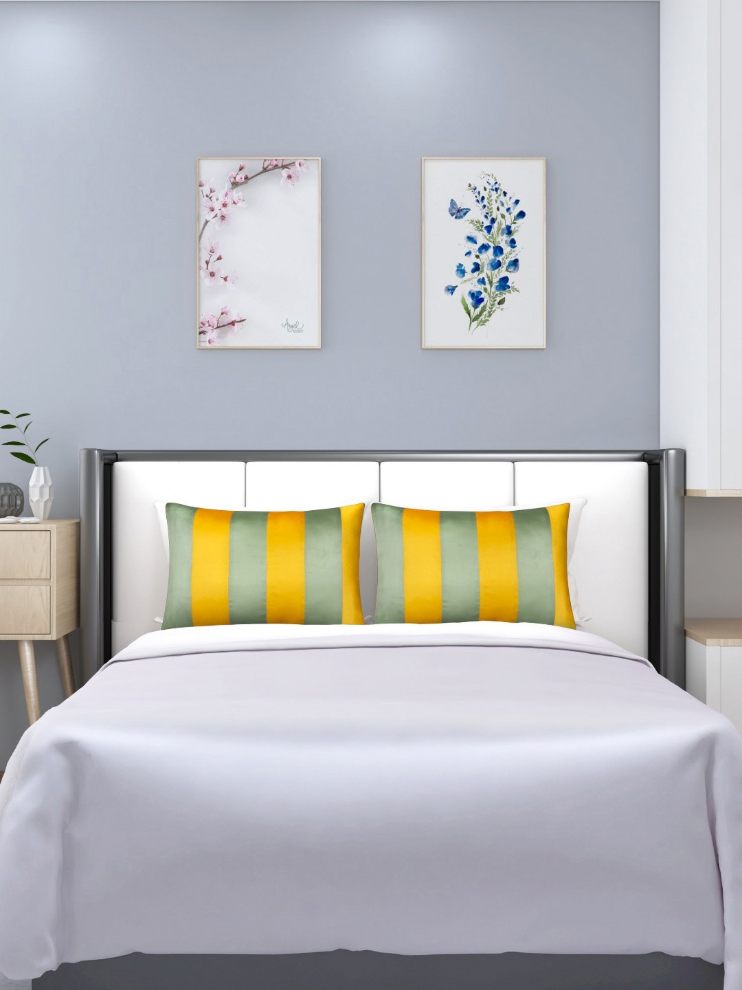 DEHMAN Green & Yellow 2 Pieces Striped Rectangle Pillow Covers