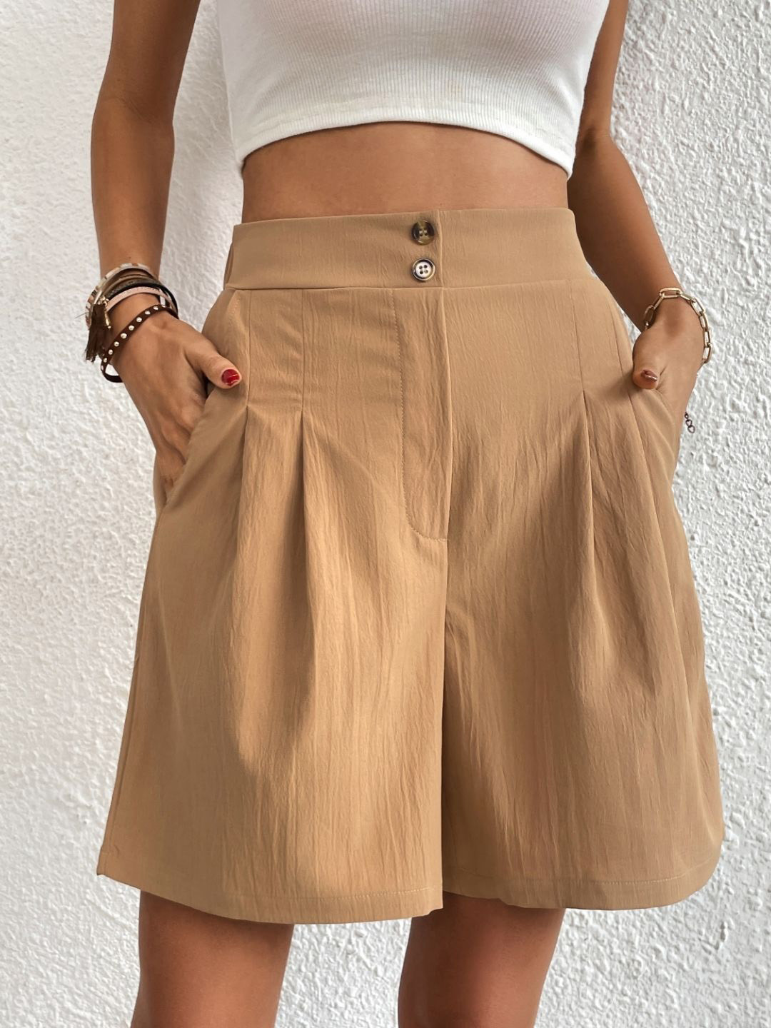 Khaki Regular Fit High-Rise Shorts with Button Closure