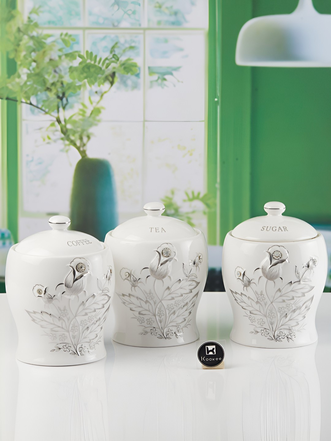 Kookee White and Silvertoned 3 Pieces Ceramic Easy to Clean Canister Containers