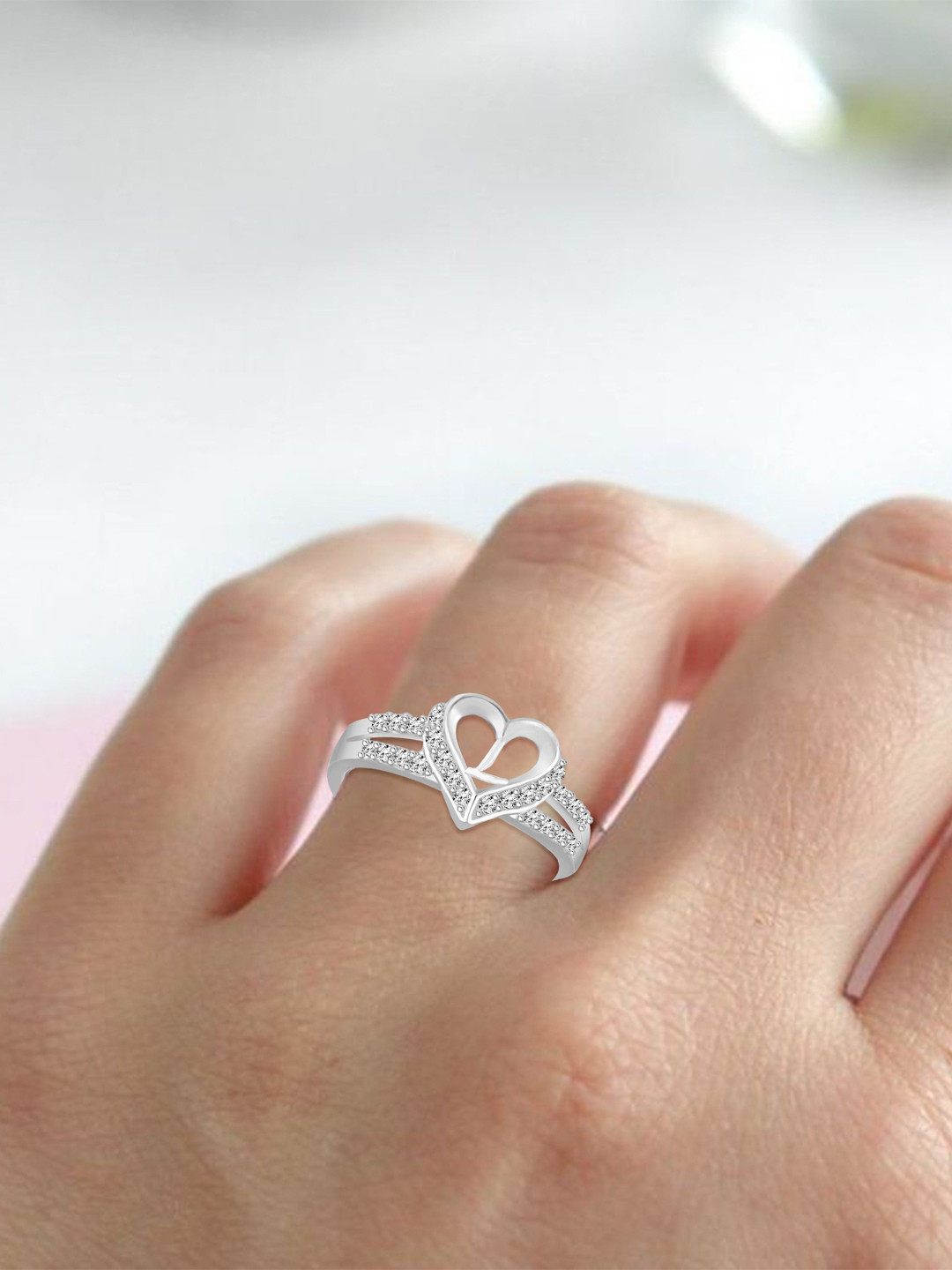 Lila  Silver-Plated Heart Shaped With L Letter American Diamond -Studded Finger Ring