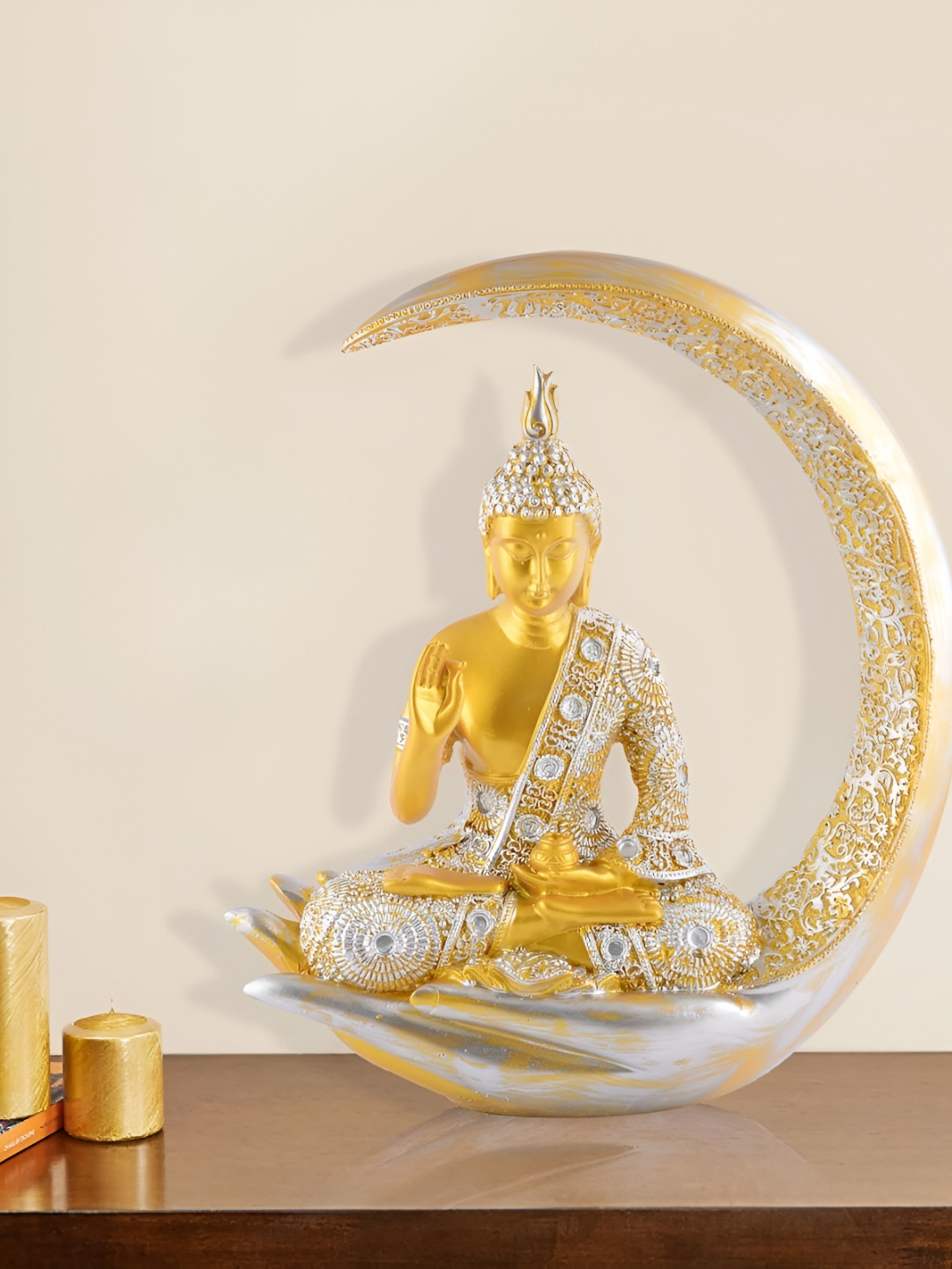 Zart Samadhi Buddha Gold Polyresin Metallic Living Room Medium Showpiece - 15 Inches
