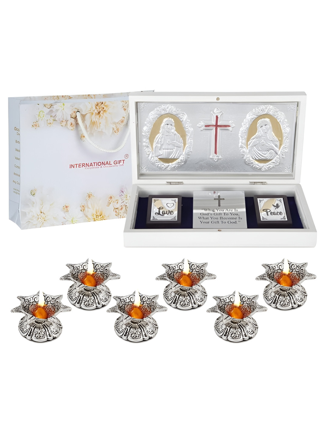INTERNATIONAL GIFT Religious Jesus Message Box with 6 Diya Silver Metal Metallic Prayer Room Large Showpiece - 4.3 Inches