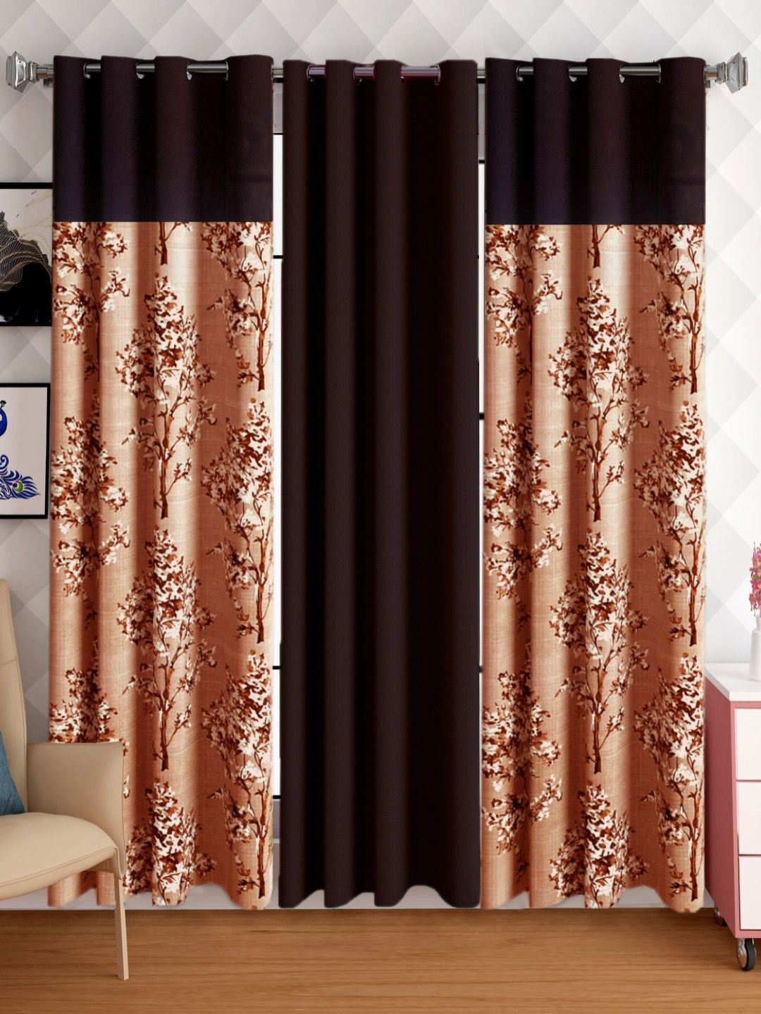 Lunar Days Brown and White 3 Pieces Floral Room Darkening Door Curtains