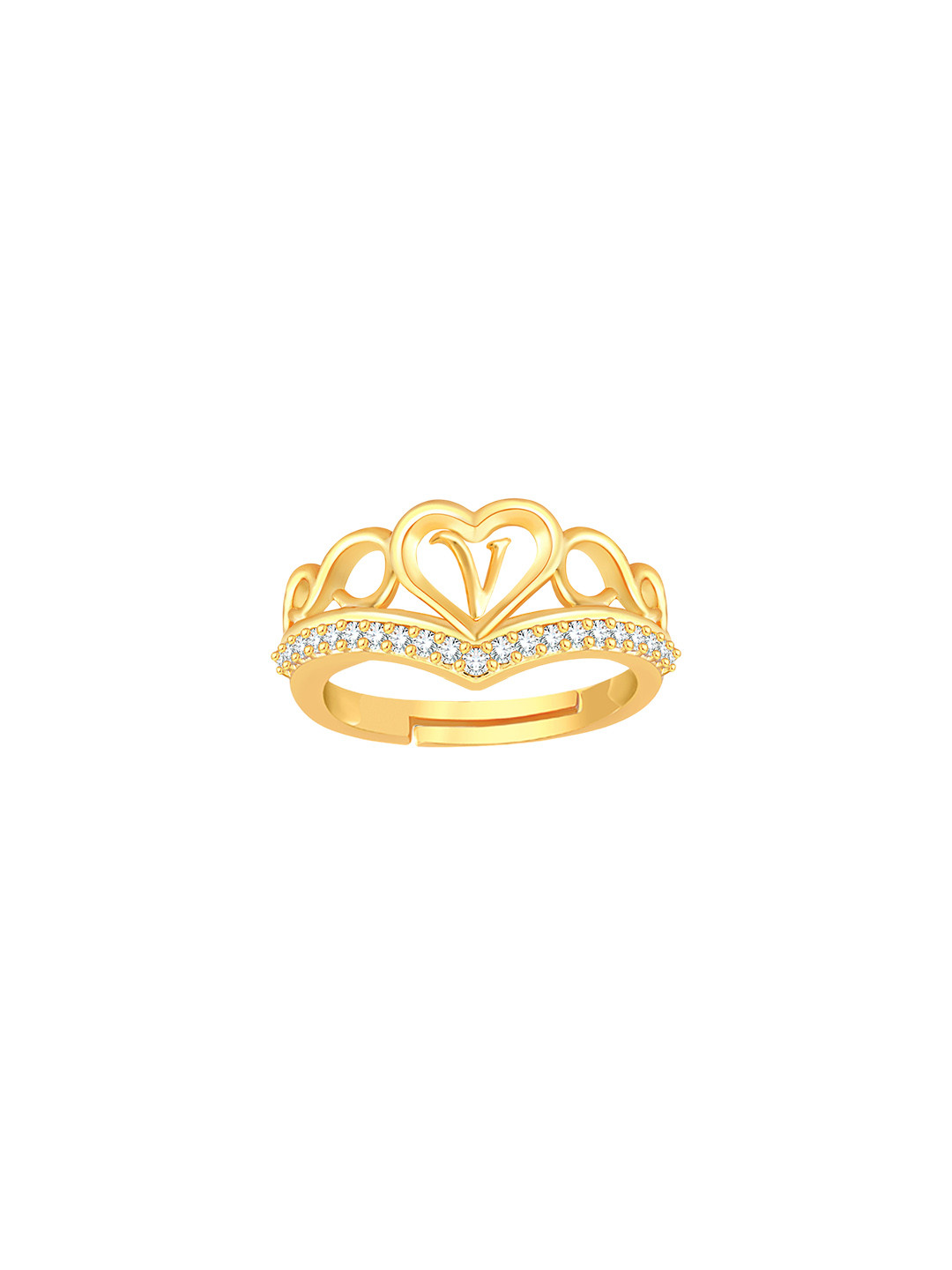 Lila Gold-Plated V Letter American Diamond Stones Studded Adjustable Finger Ring