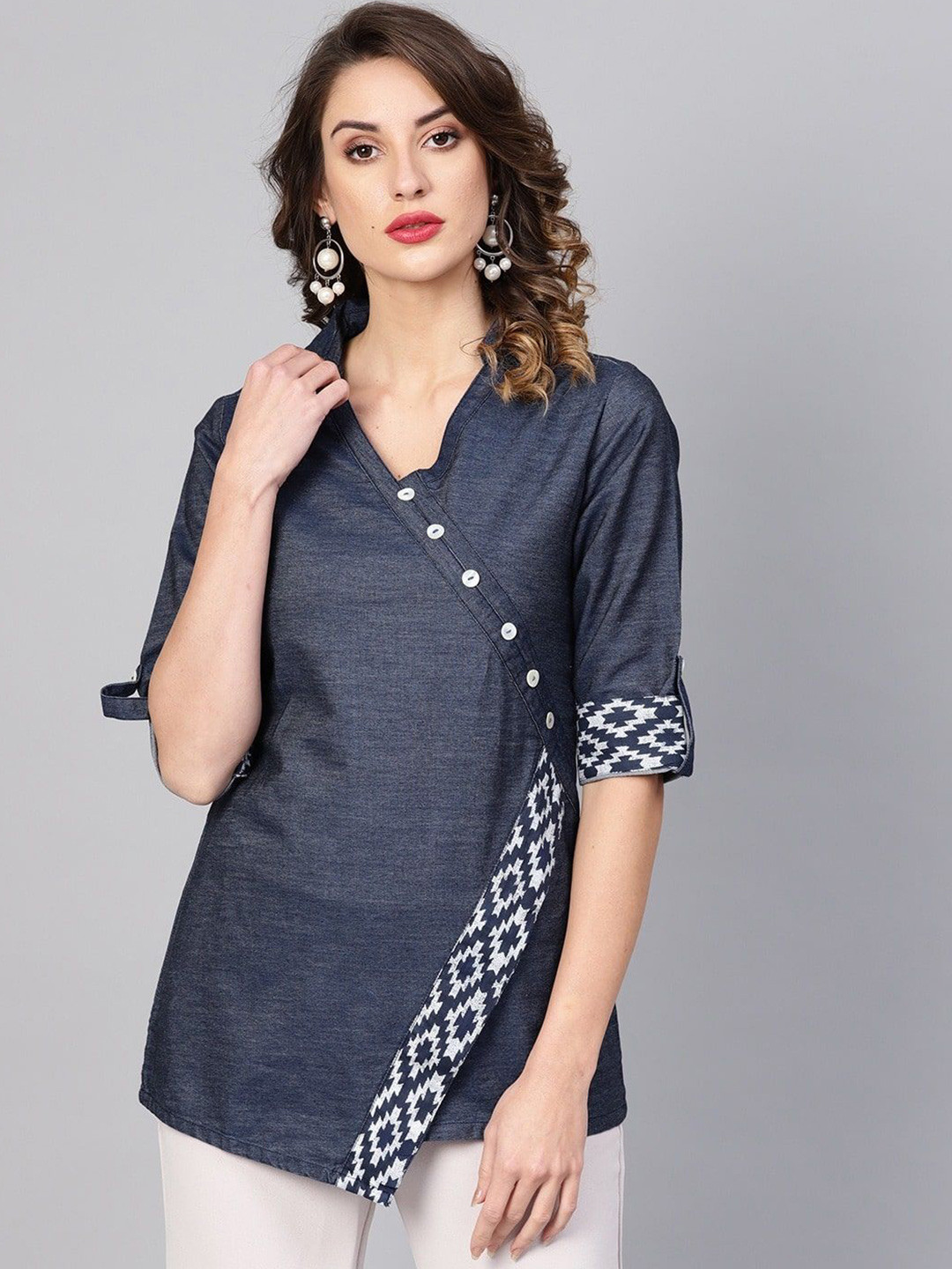 YASH GALLERY Print Roll-Up Sleeves Cotton Denim Top