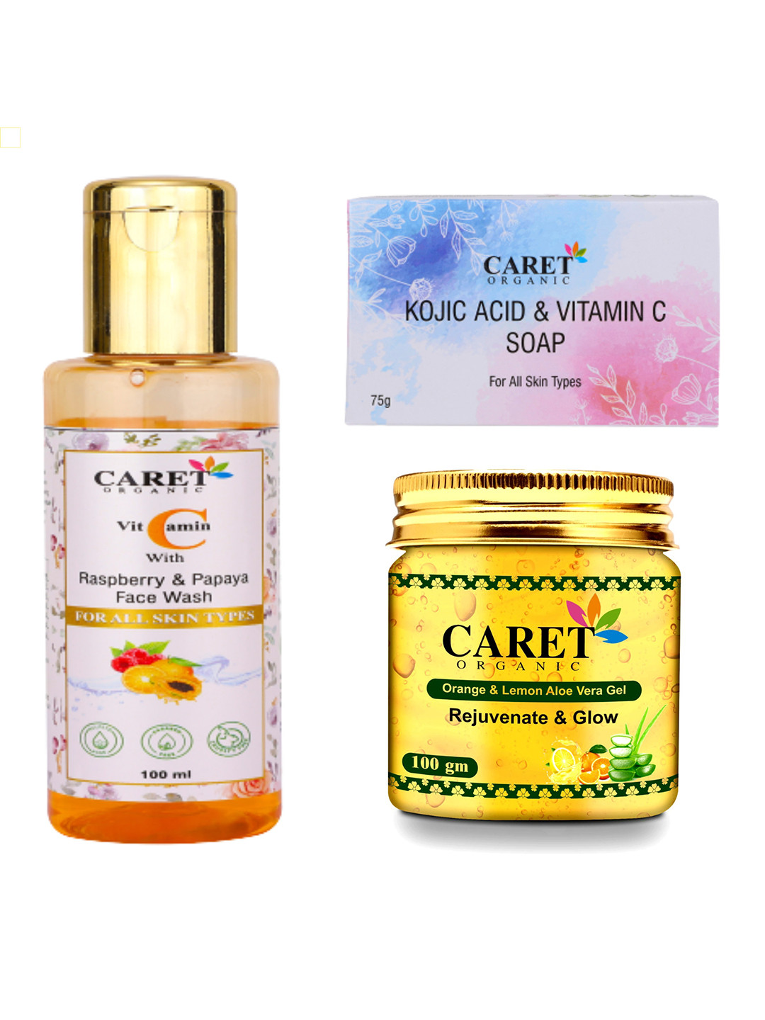 CARET ORGANIC Vitamin C Wash & Kojic Acid Soap & Orange Lemon Aloevera Gel Combo