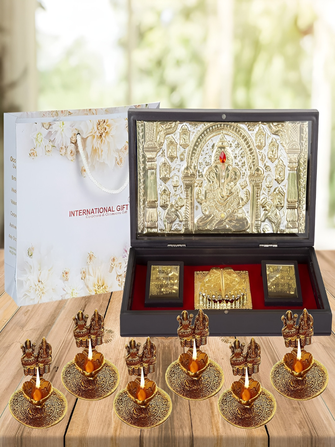 INTERNATIONAL GIFT Shree Ganesh Charan Paduka with 6 Diya Gold Metal Metallic Prayer Room Large Showpiece - 4.3 Inches