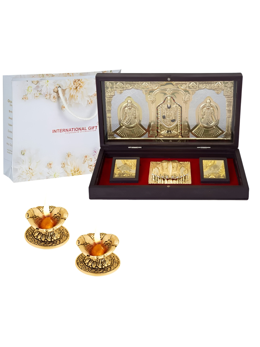 INTERNATIONAL GIFT Bala Ji Charan Paduka with Diya Gold Metal Metallic Prayer Room Set of 3 Large Showpieces - 4.3 Inches