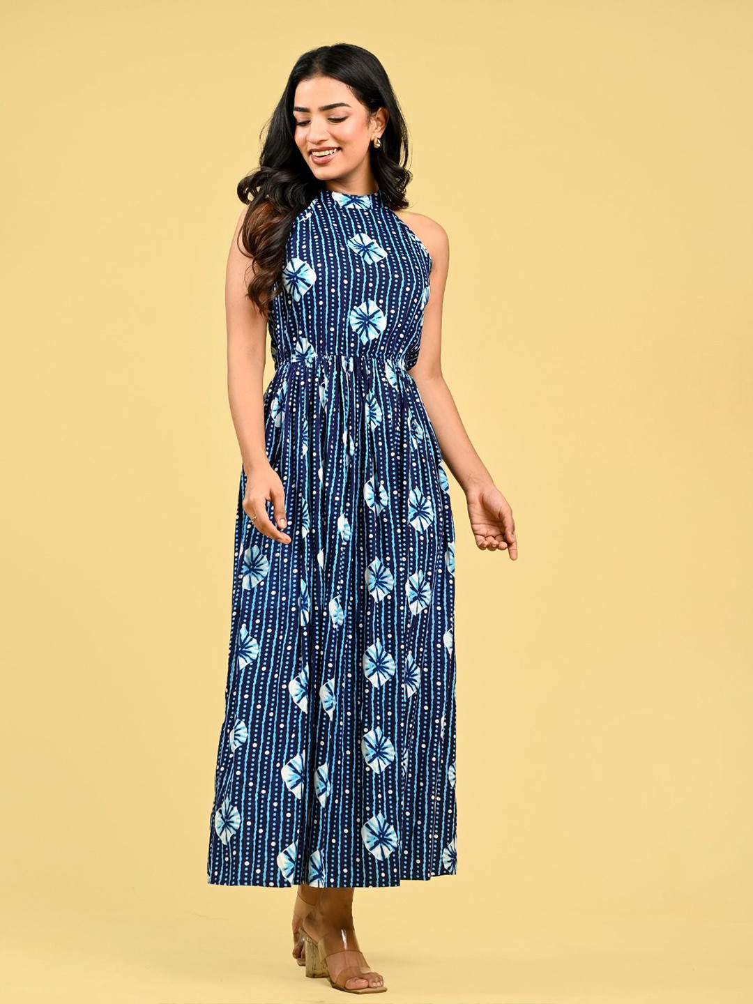 UNIBLISS Floral Print Halter Neck Maxi Dress