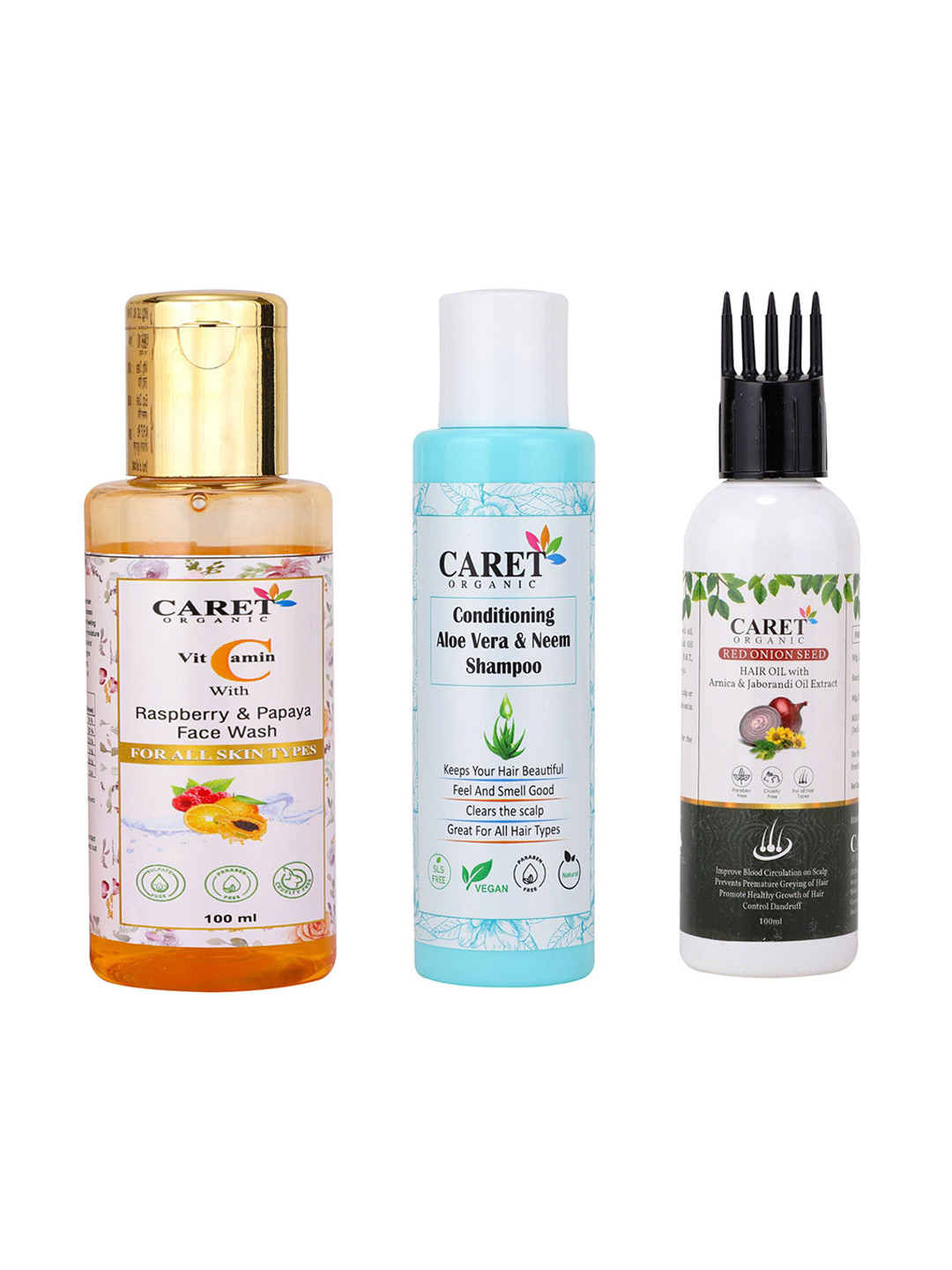 CARET ORGANIC Set Of 3 Vitamin C Papaya Face Wash Aloevera Neem Shampoo Onion Hair Oil