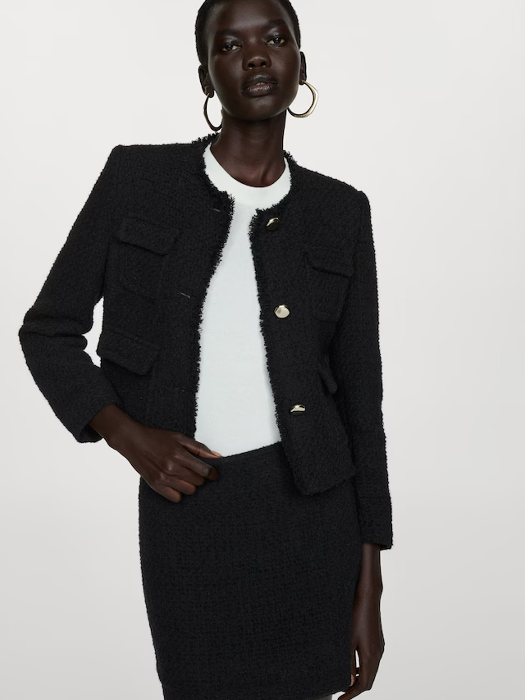 MANGO Collarless Frayed Finish Tweed Blazer