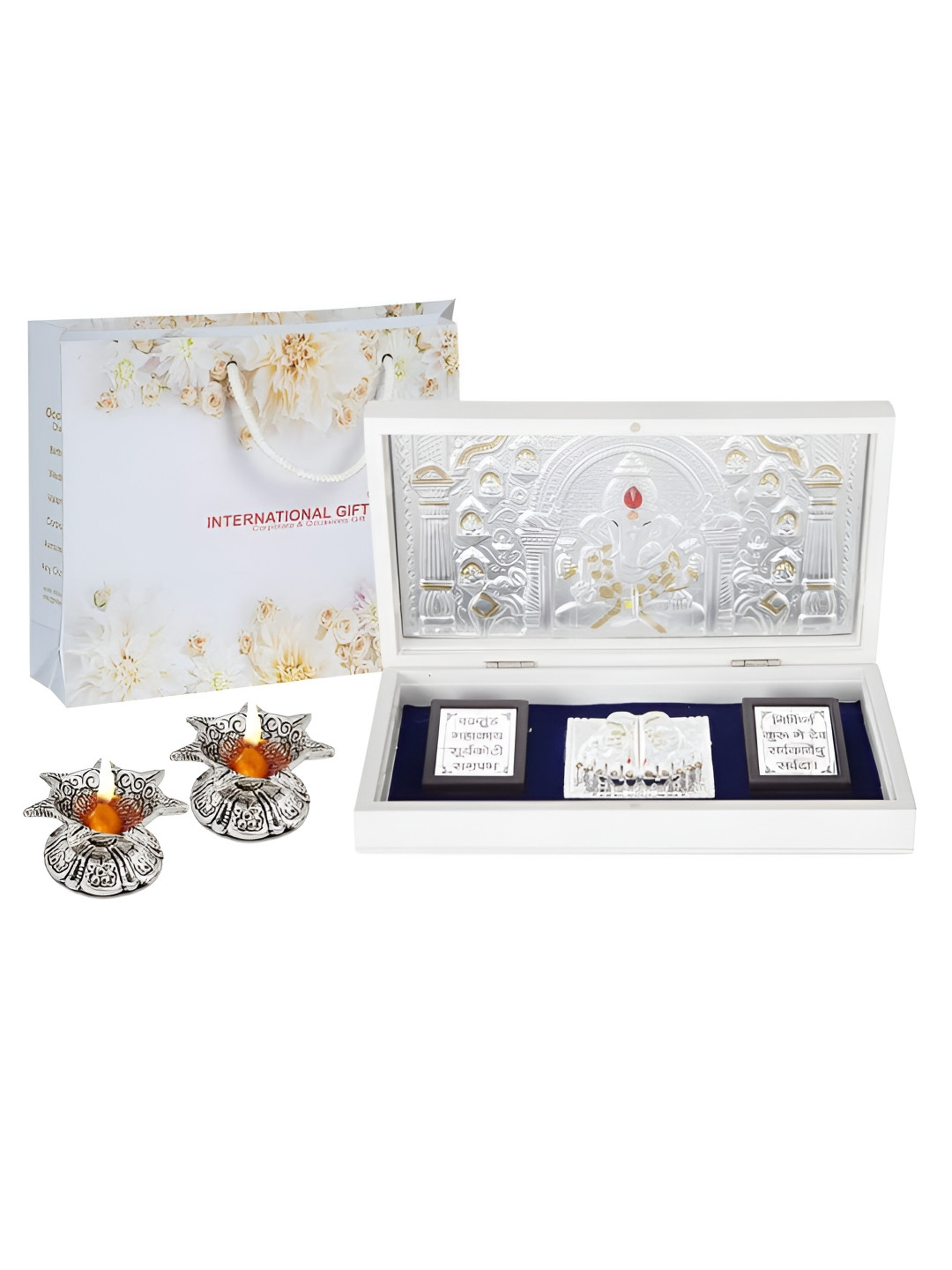 INTERNATIONAL GIFT Shree Ganesh Charan Paduka with Diya Silver Metal Metallic Prayer Room Set of 3 Large Showpieces - 4.3 Inches