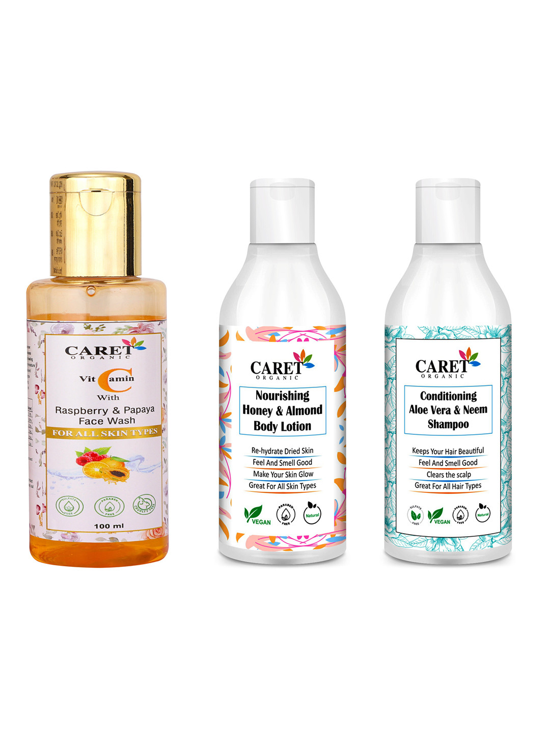 CARET ORGANIC Set Of 3 Nourishing Almond Body Lotion Aloevera Shampoo Vitamin C Face wash