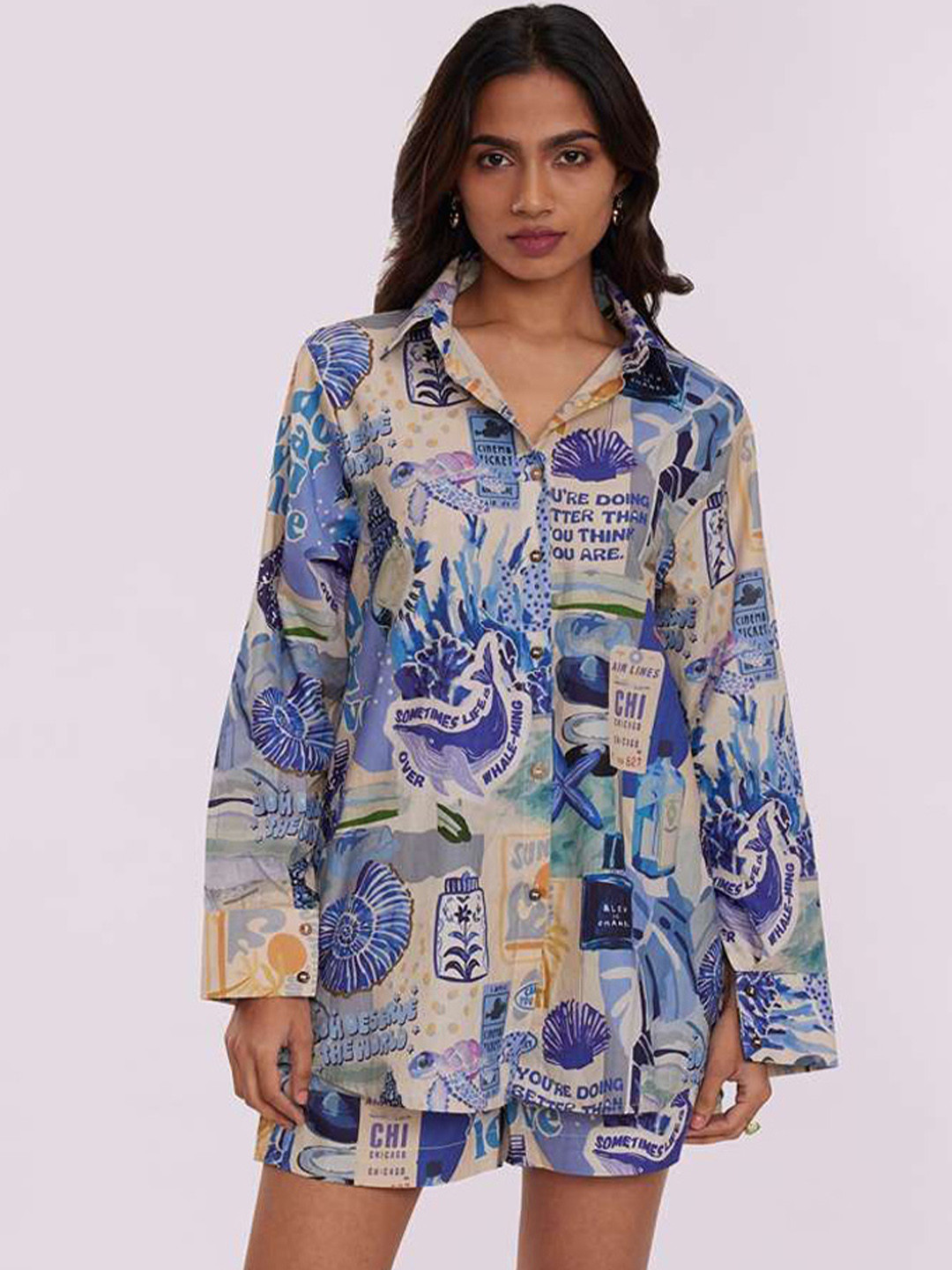 POPPI Abstract Printed Pure Cotton Shirt With Shorts
