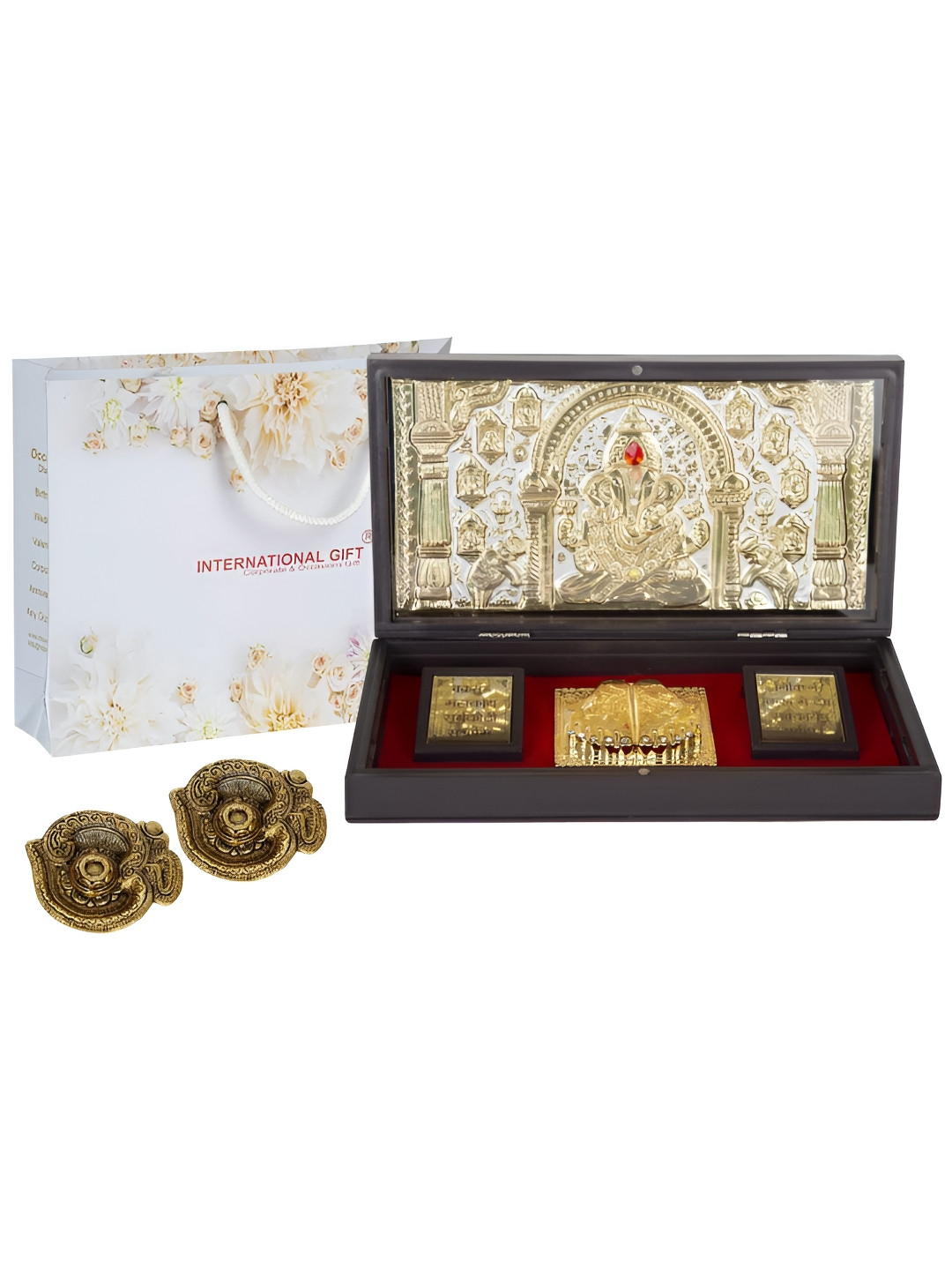 INTERNATIONAL GIFT Shree Ganesh Charan Paduka with Diya Gold Metal Metallic Prayer Room Set of 3 Large Showpieces - 4.3 Inches