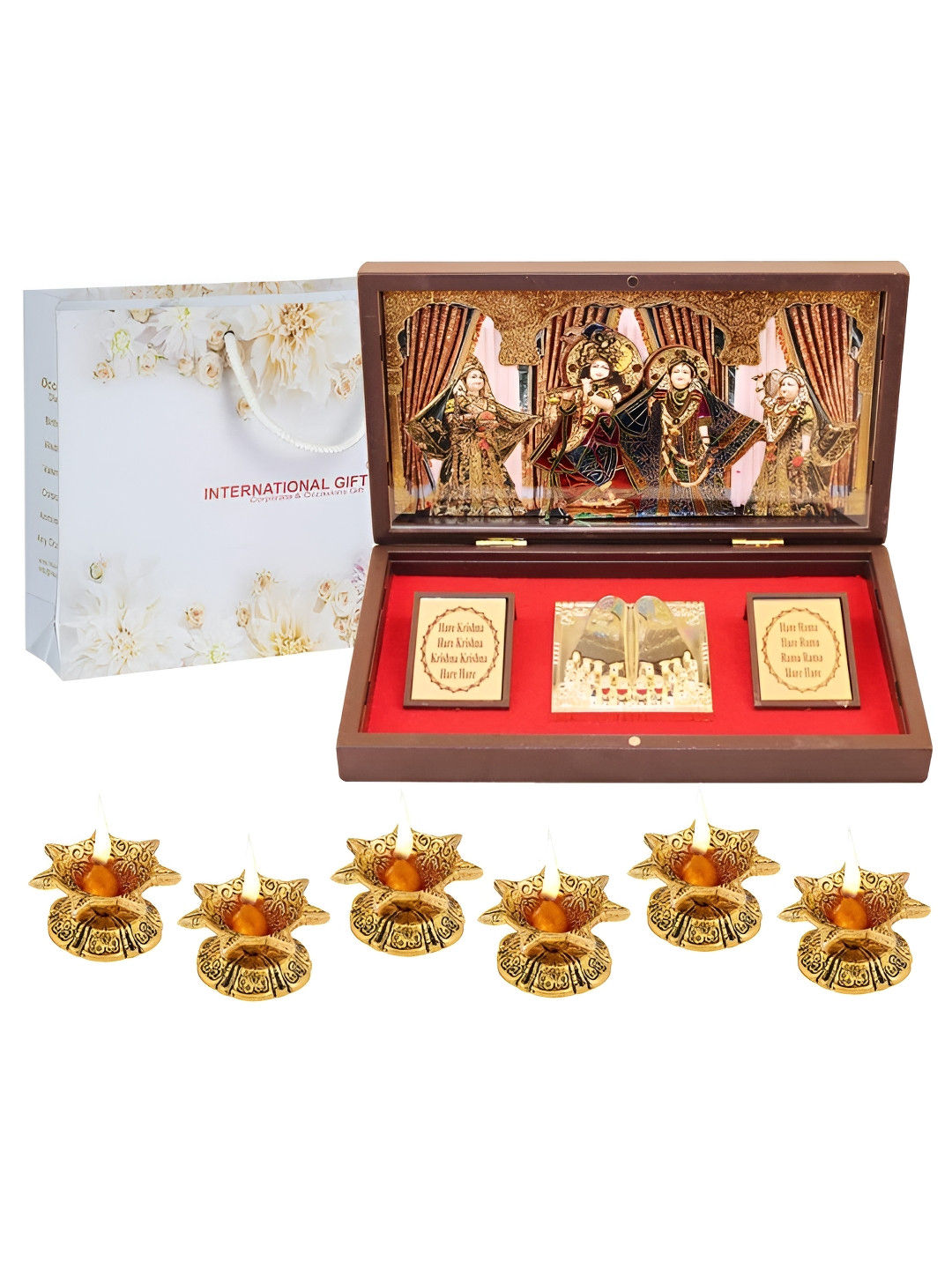 INTERNATIONAL GIFT Radha Krishna Charan Paduka with 6 Diya Gold Metal Metallic Prayer Room Large Showpiece - 4.3 Inches