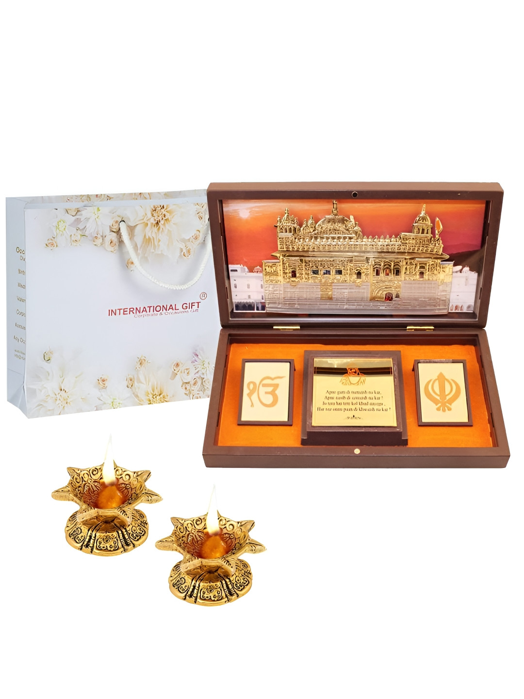 INTERNATIONAL GIFT Temple Message Box with Diya Gold Metal Metallic Prayer Room Set of 3 Large Showpieces - 4.3 Inches