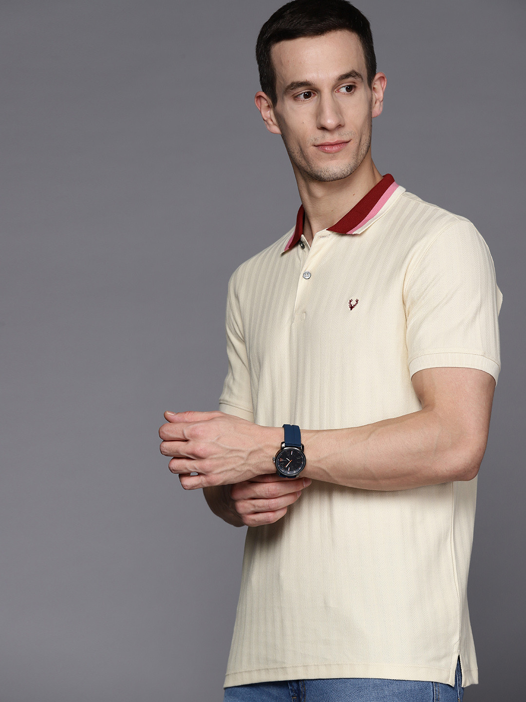 Allen Solly Men Off White Self Design Polo Collar Pure Cotton T-shirt