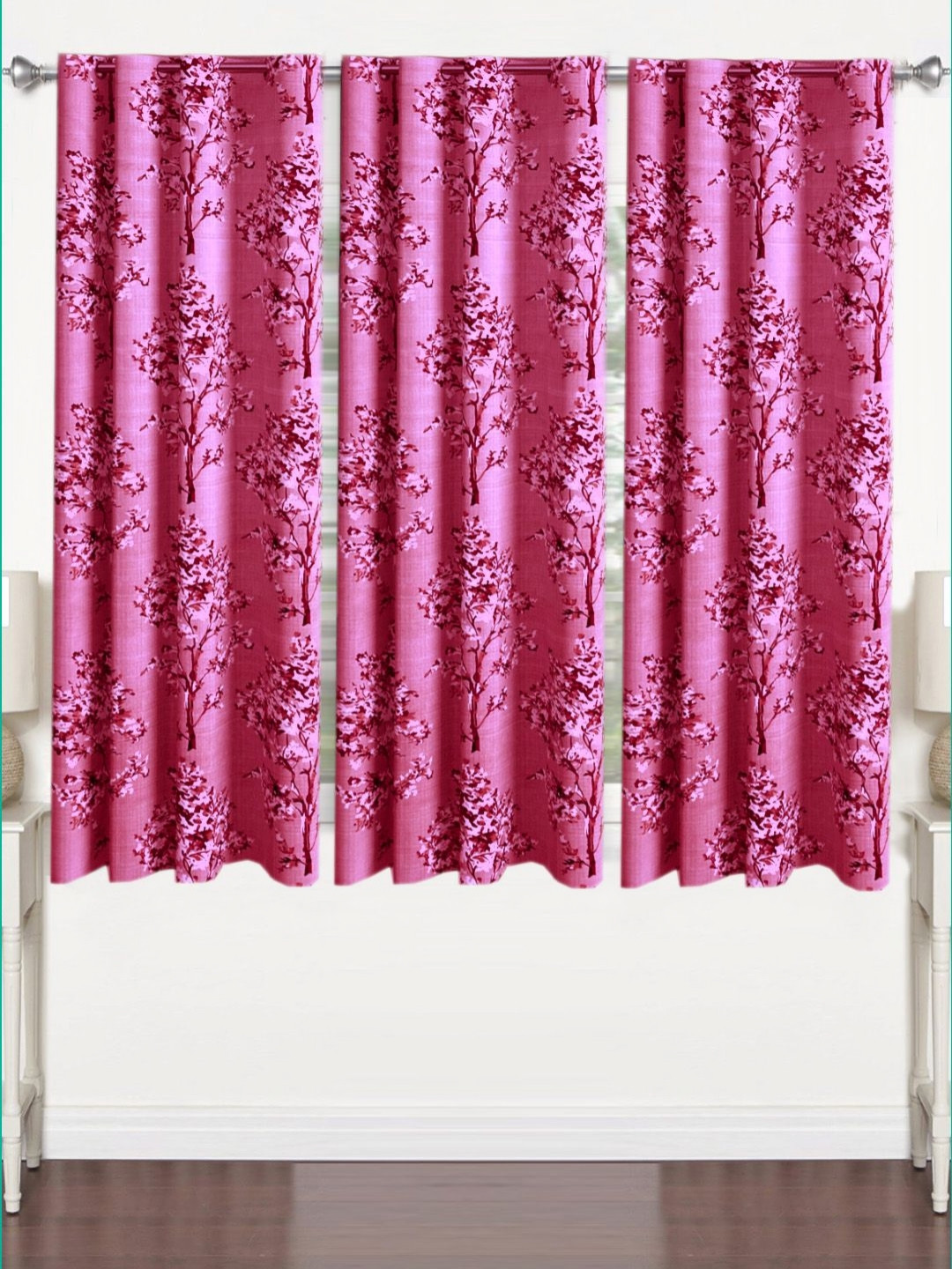 Lunar Days Pink and Maroon 3 Pieces Floral Room Darkening Window Curtains