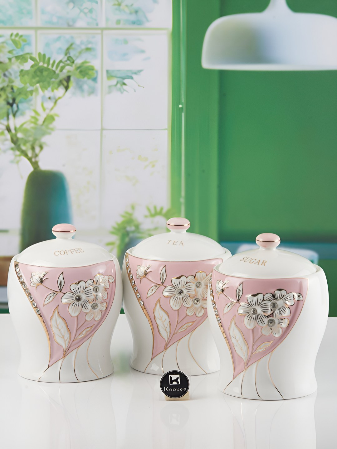 Kookee Pink and White 3 Pieces Printed Ceramic Easy to Clean Canister Container